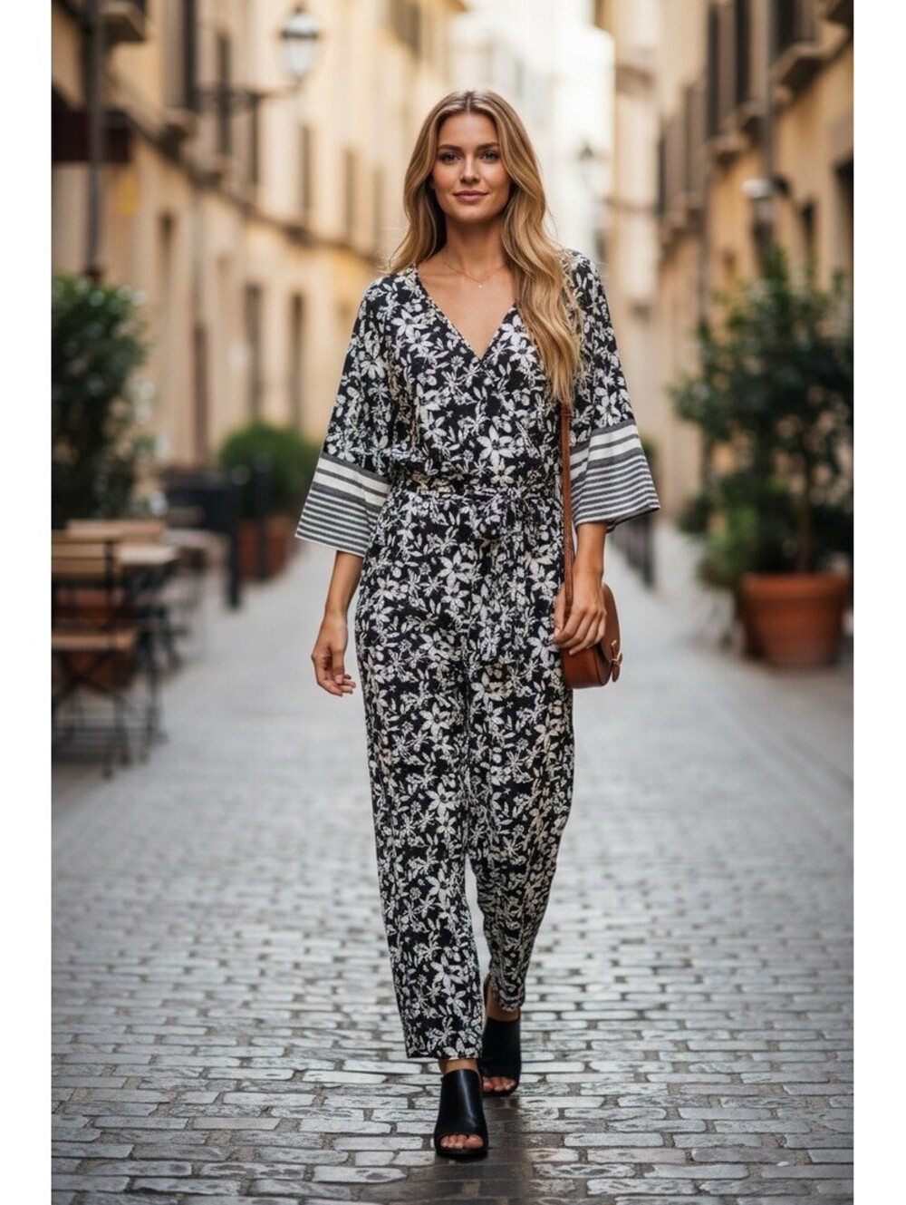 Vince Camuto Large floral mixed media jumpsuit  tie waist [COPY]